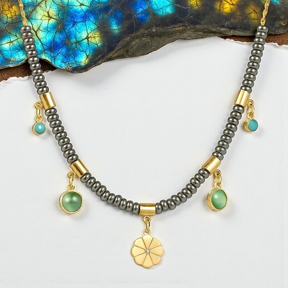 πBoho Chic Two Tone 18K Gold Plated Stainless Steel Necklace Floral Charm - Picture 11 of 13